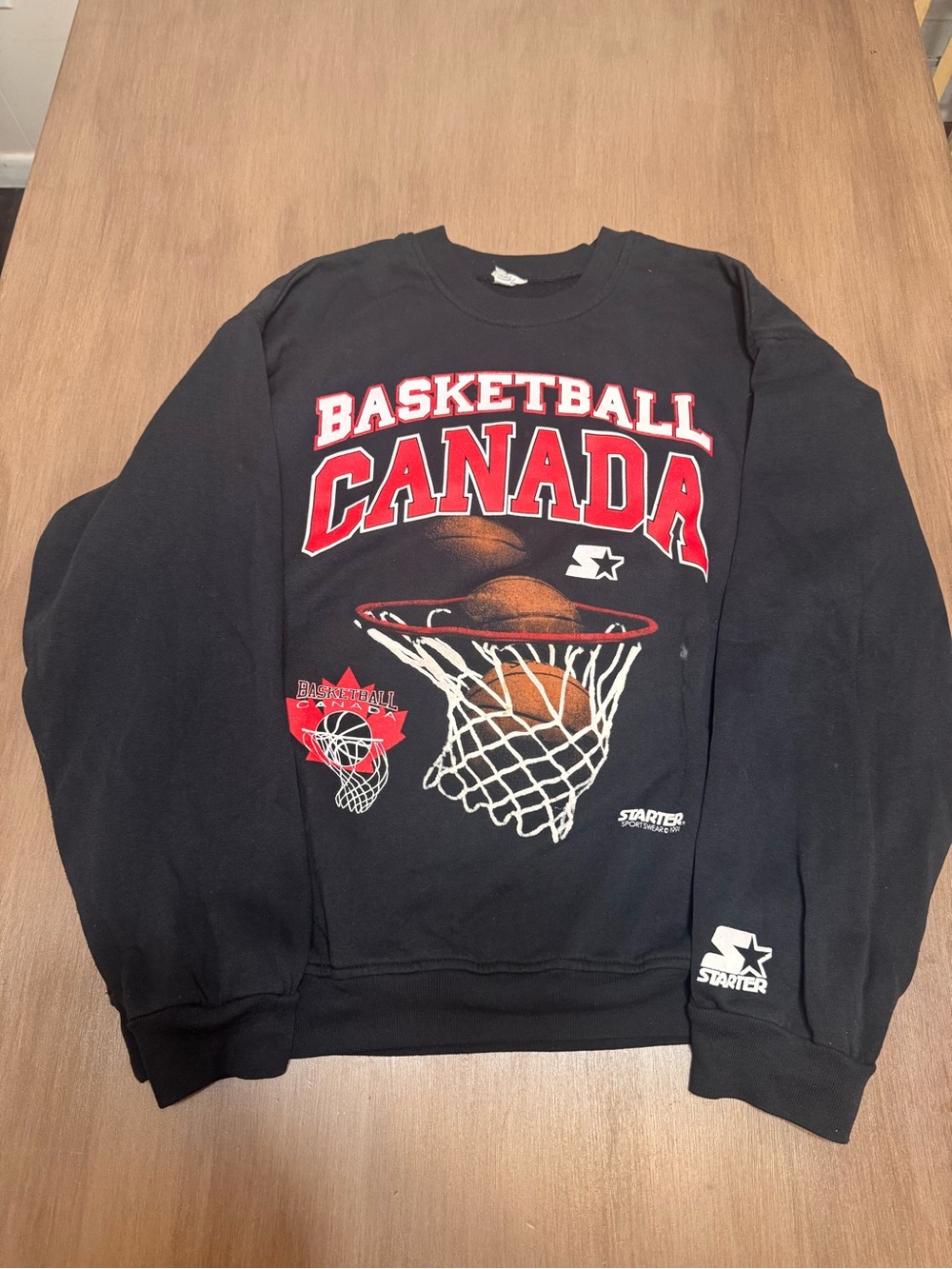 Vintage 1991 Starter Basketball Canada Puff Print Crewneck Sweatshirt L Black